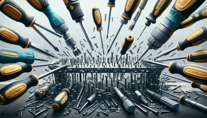 A set of screwdrivers disassembling urban furniture, screws neatly arranged, showcasing rapid dismantling.