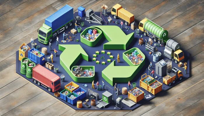 How to Recycle During House Clearance Jobs: Illustration of EU Waste Framework Directive with recycling symbols, circular economy, and UK councils' initiatives.