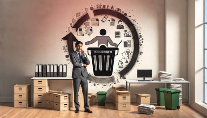 Clearing a UK Office as a Novice: A novice in a UK office learning about Waste Regulations 2011, surrounded by legal documents and waste bins, with data protection and sustainability symbols.