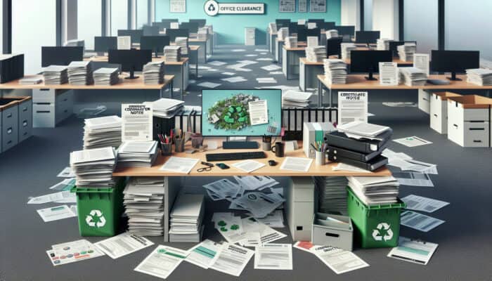 Organized office clearance documentation on a desk, including waste transfer notes, certificates of destruction, and recycling records.