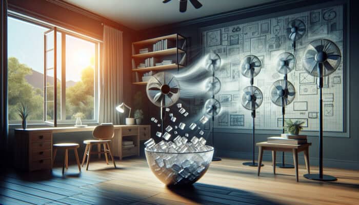 Clearing a UK Home in Hot Weather: A serene home with fans near windows and a bowl of ice in front of one fan, creating a cool breeze.