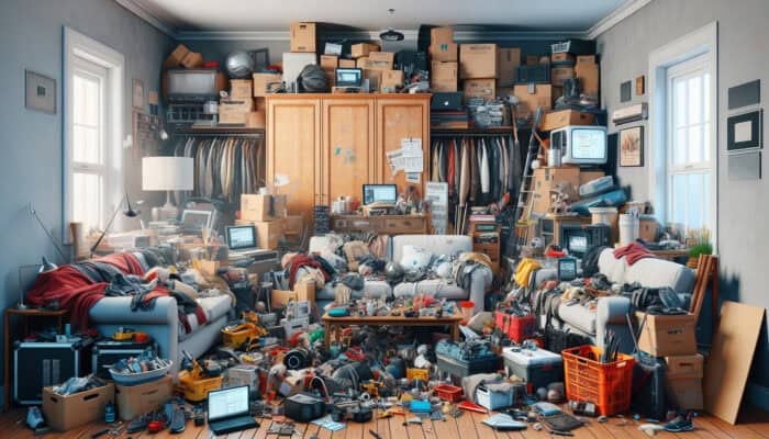 How to Choose Tools for House Clearance Tasks: A cluttered room with furniture, electronics, and tools for sorting and dismantling.