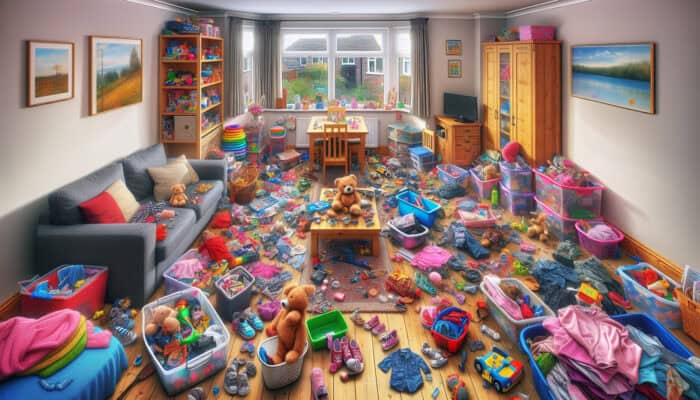 Clearing a UK Home with Kids as a Beginner: A UK family home's living room during a decluttering session, sorting children's items for safety and tidiness.