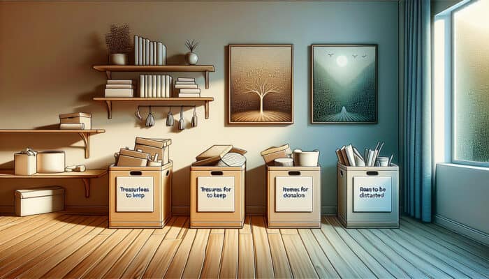 Advanced Organisation Hacks for Clearance: A serene room with minimalist decor and three labeled boxes: 'Keep', 'Donate', 'Discard', symbolizing decluttering.