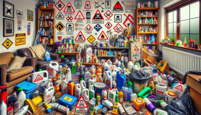 Hazardous Item Rules for House Clearance: UK house clearance scene with hazardous items like toxic chemicals, flammable substances, explosives, and household products with warning labels.
