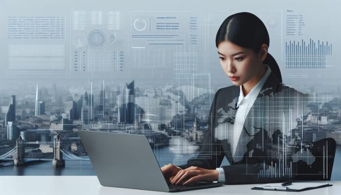 Avoiding Scams in House Clearance Jobs: Person in suit using laptop to verify company registration on Companies House website, UK city skyline background.