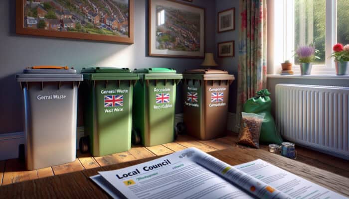 Green Budgeting Tips for House Clearance: UK household sorting waste into three bins: general, recyclables, compostables, with local council guide.