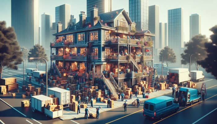 Low-Cost Quotes for House Clearance: Large urban home undergoing clearance, filled with items, workers, boxes, and removal trucks in a bustling city.