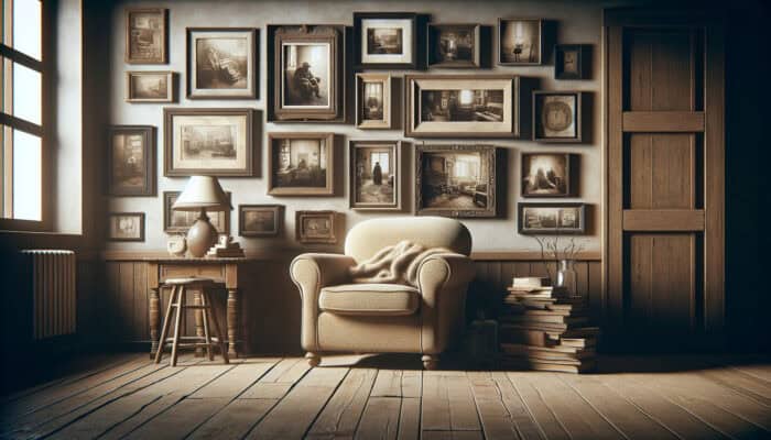 Emotional Furniture Tips for Clearance: An old, worn armchair in a cozy living room, surrounded by nostalgic family photos, symbolizing comfort and cherished memories.