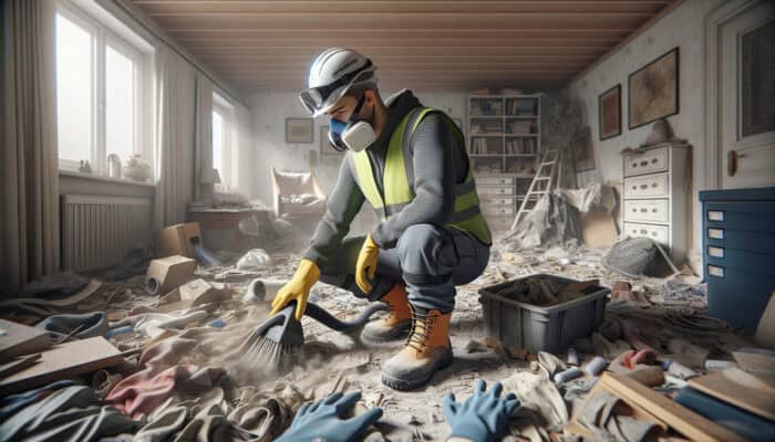 Protective Gear for Safe House Clearance Jobs: House clearance worker in full protective gear clearing a dusty, cluttered room.