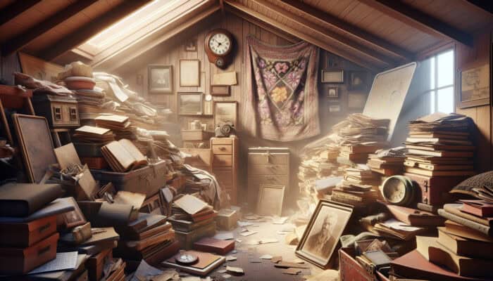 Bereavement House Clearance Tips in the UK: A cluttered attic with old, cherished items like a photo album, broken clock, and family quilt.