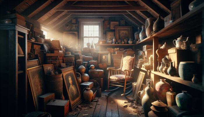 A cluttered attic with family photos, rocking chair, and antique vases, lit by soft light through a dusty window.