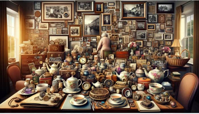 Emotional Donation Tips for Clearance: Montage of family heirlooms and personal mementos symbolizing emotional donations in a UK home.