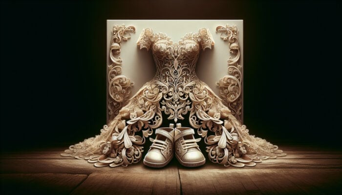 A wedding dress and child's first shoes symbolizing love, commitment, and milestones in a nostalgic setting.