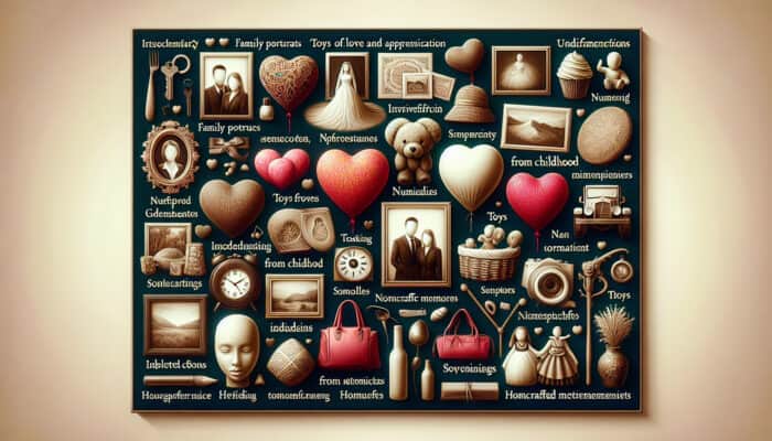 Sorting Sentimental Items for Clearance: Collage of sentimental items including family photos, gifts, toys, letters, wedding mementos, jewelry, artworks, and souvenirs.