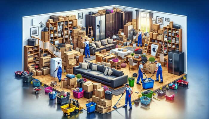 UK home clearance showing impact of property size and item volume on costs, with professionals removing bulky furniture and appliances.