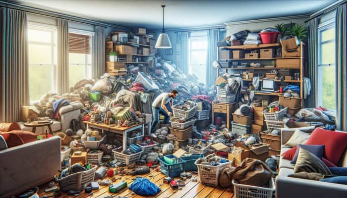 A stressed homeowner amidst underestimated cluttered items, conducting a last-minute inventory before clearance.