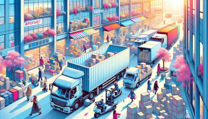 Spring Transport Hacks for Clearance Items: Efficient transport vehicles moving clearance items in a vibrant spring retail setting.