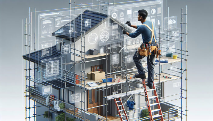 A worker using a ladder and scaffolding to safely access upper floors in a multi-story home, following UK safety regulations.