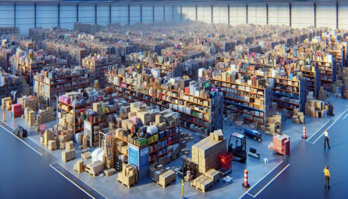 Advanced Transport Plans for Clearance Items: A UK retail warehouse with clearance items like electronics, summer apparel, and home furnishings ready for transport.