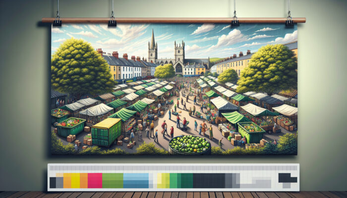 A local market in Exeter with people reusing and recycling, surrounded by greenery, symbolizing sustainability.