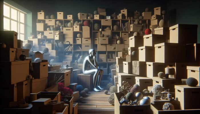 Emotional Tool Tips for House Clearance: A person amidst packed boxes in a dimly lit room, showing emotions of sadness, relief, and anticipation, with nostalgic items around.