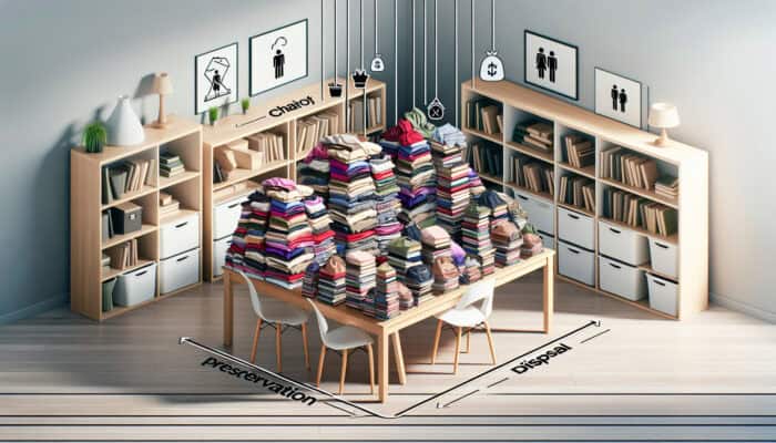 Simple Tips for UK House Clearance: Neatly organized UK home with sorted clothing piles labeled 'keep', 'donate', 'discard', and books by genre on a table.