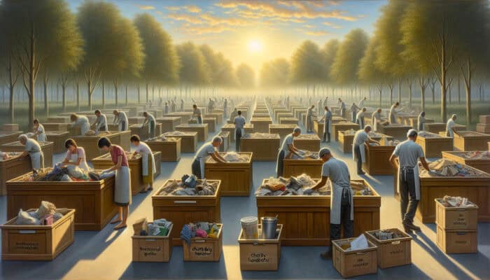 A team sorting a deceased person's belongings in a sunlit home, categorizing items for bereavement clearance.