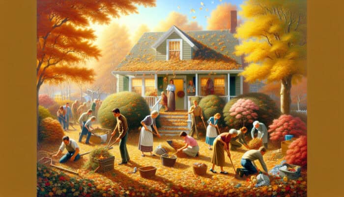 Autumn Cost-Saving for House Clearance: People clearing a house in early September, using mild weather and sunlight, amidst falling leaves.