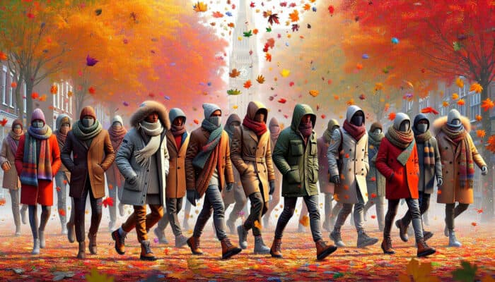 Autumn Packing Trends for Clearance Items: People in layered outfits with discounted Barbour jackets, Joules scarves, and Clarks boots in a colorful autumn UK scene.