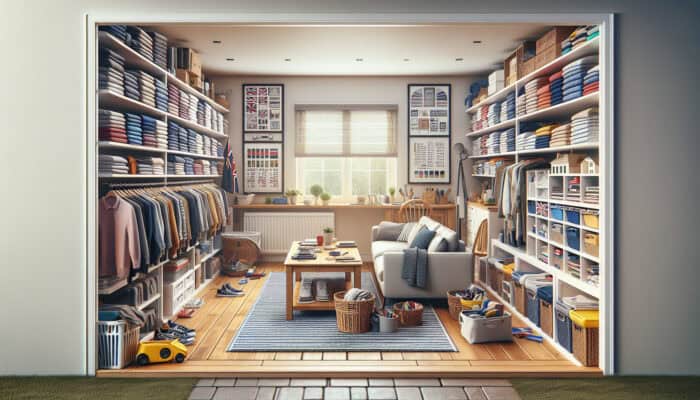 How to Clear a UK Home in One Day: A tidy UK home with sorted clothes, books, and household goods in living room, kitchen, hallway.