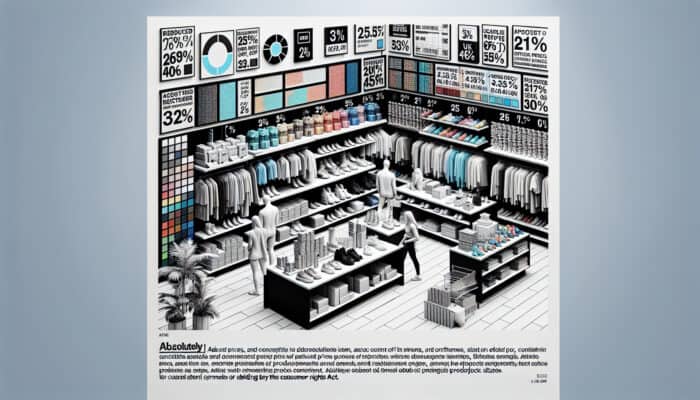 labeling-strategies-for-clearance-items-uk-retail-tactics: UK retail store with clearance items clearly labeled, showing original and discounted prices, adhering to the Consumer Rights Act.