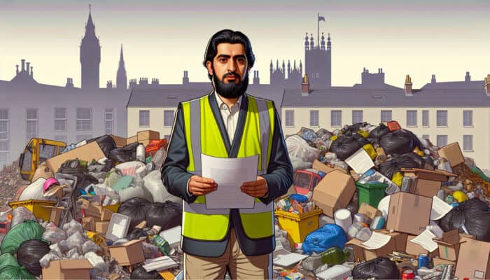 Permits for House Clearance in the UK: Person in high-visibility vest with house clearance permit, organized household items and waste, UK town skyline.
