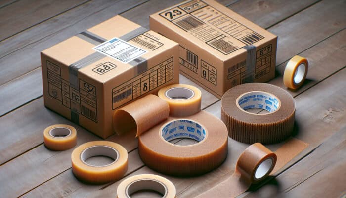 Packing Tape Essentials for House Clearance: Clear, brown kraft, and reinforced packing tapes on a table, each used on different boxes.