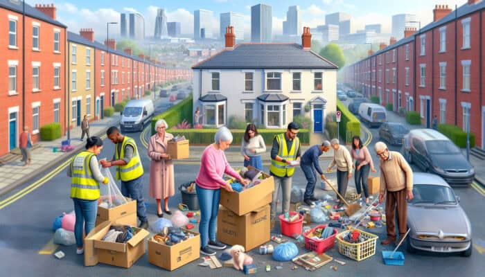 House Clearance in Leeds: Leeds home clearance: workers sorting items, residents preparing for new beginnings.