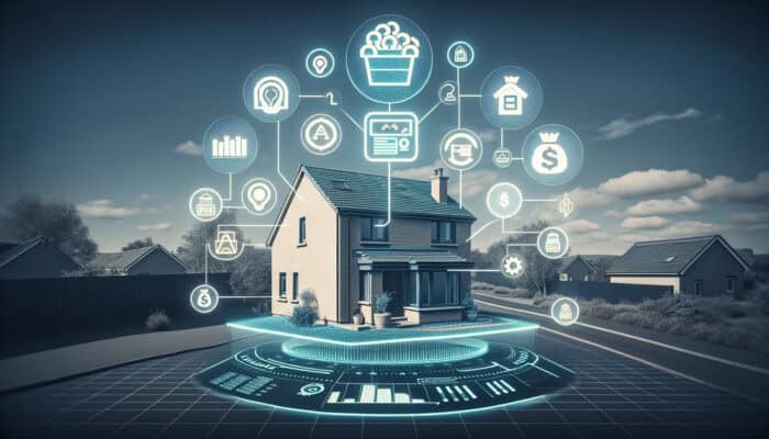 Clearing a UK Home Remotely Cheaply: A digital interface showing cost savings graphs and remote service icons, with a UK home background.