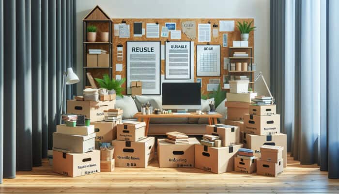 Green Lifting Tips for House Clearance: Sturdy, eco-friendly reusable boxes stacked in a UK home during a sustainable house clearance.