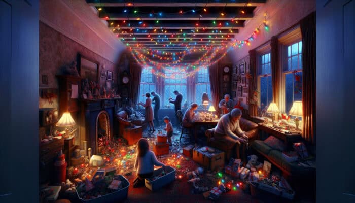 Cozy UK home at dusk, family packing holiday decorations, festive lights glowing.