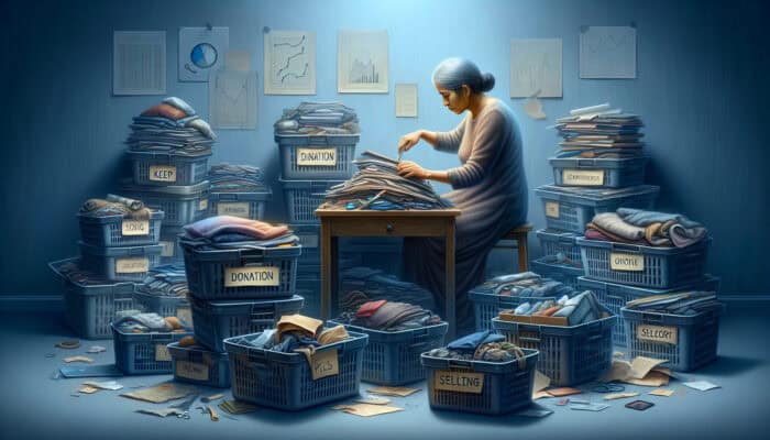 Coping With Bereavement Clearance In The UK: A person sorting a deceased loved one's belongings into categories, surrounded by emotional memories.