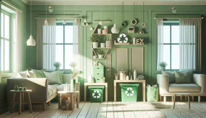Green Decluttering for House Clearance: A serene home with eco-friendly elements like recycling bins, donation boxes, and repurposed furniture in soft green light.