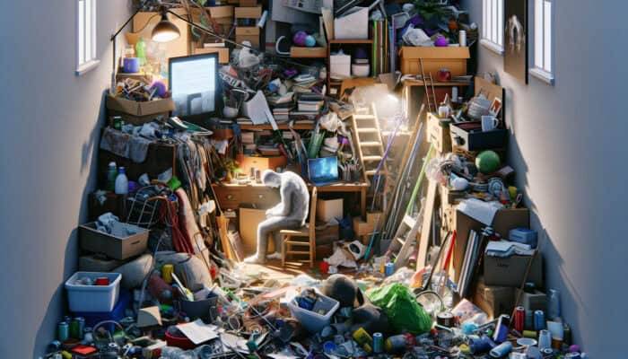 Strategies for Clearing Hoarded UK Homes: A cluttered UK home symbolizing hoarding causes like emotional attachment, trauma, and OCD, with a person struggling amidst possessions.