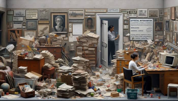 A cluttered room with newspapers, furniture, and items, symbolizing hoarding issues, with a social worker at the door.