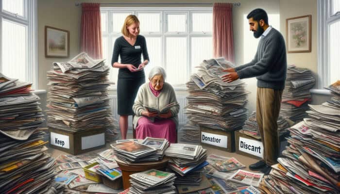 Cluttered UK home with old newspapers and magazines; experts guide elderly woman in sorting items, offering emotional support.