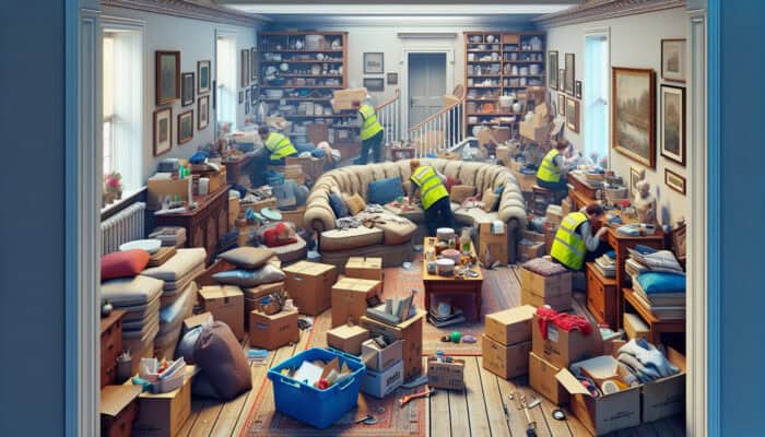 House Clearance Pricing in the UK 2025: A cluttered UK home being cleared by professionals, sorting items for resale, donation, and disposal.