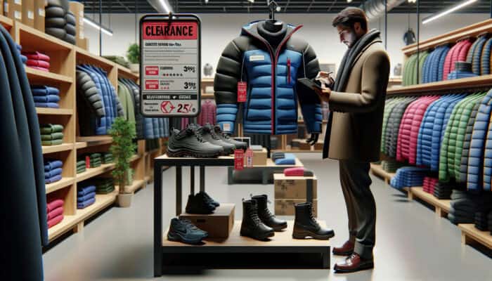 Person in winter gear store evaluating clearance items for durability and quality, using tablet for reviews.