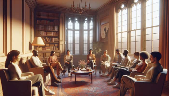 Support Groups for UK Bereavement Clearance: A serene group therapy session in a cozy UK room, with diverse people sharing emotions and coping strategies.