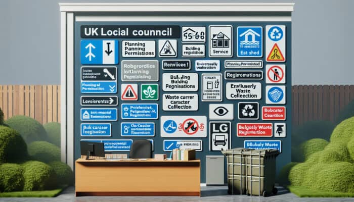Clearing a UK Shed Legally: UK local council office with signs for various permits, shed being legally cleared in background.