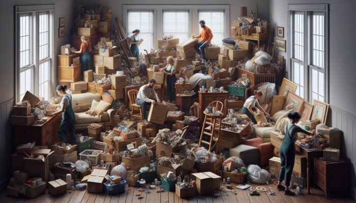 Streamlining House Clearance in the UK: Workers clearing a cluttered home, sorting items for donation and disposal, symbolizing a fresh start.