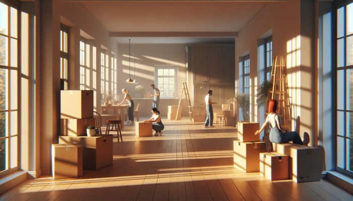 A serene UK home interior with experts efficiently clearing space, sunlight streaming through windows.