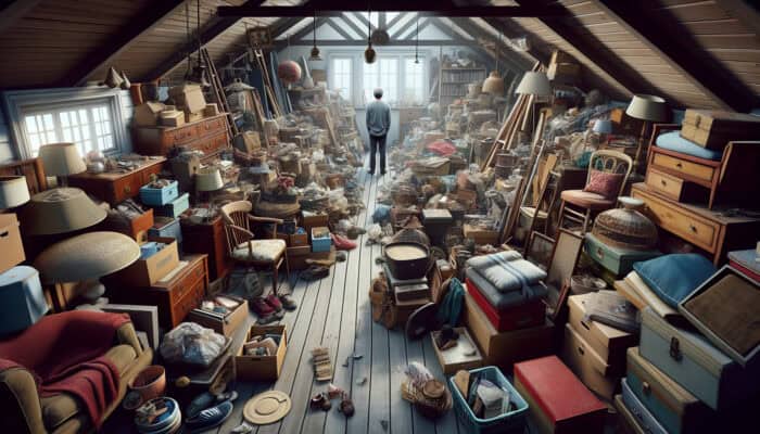 A cluttered attic with old furniture and boxes, showing the overwhelming and time-consuming process of house clearance.